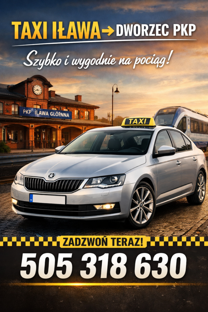 Srebrna Skoda Octavia taxi na tle dworca PKP Iława Główna – szybki transport na pociąg