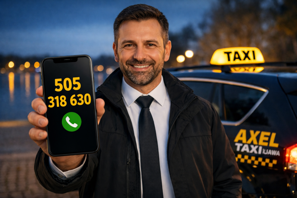 Kierowca Axel Taxi Iława pokazujący telefon z numerem 505 318 630 na tle samochodu taxi nad jeziorem