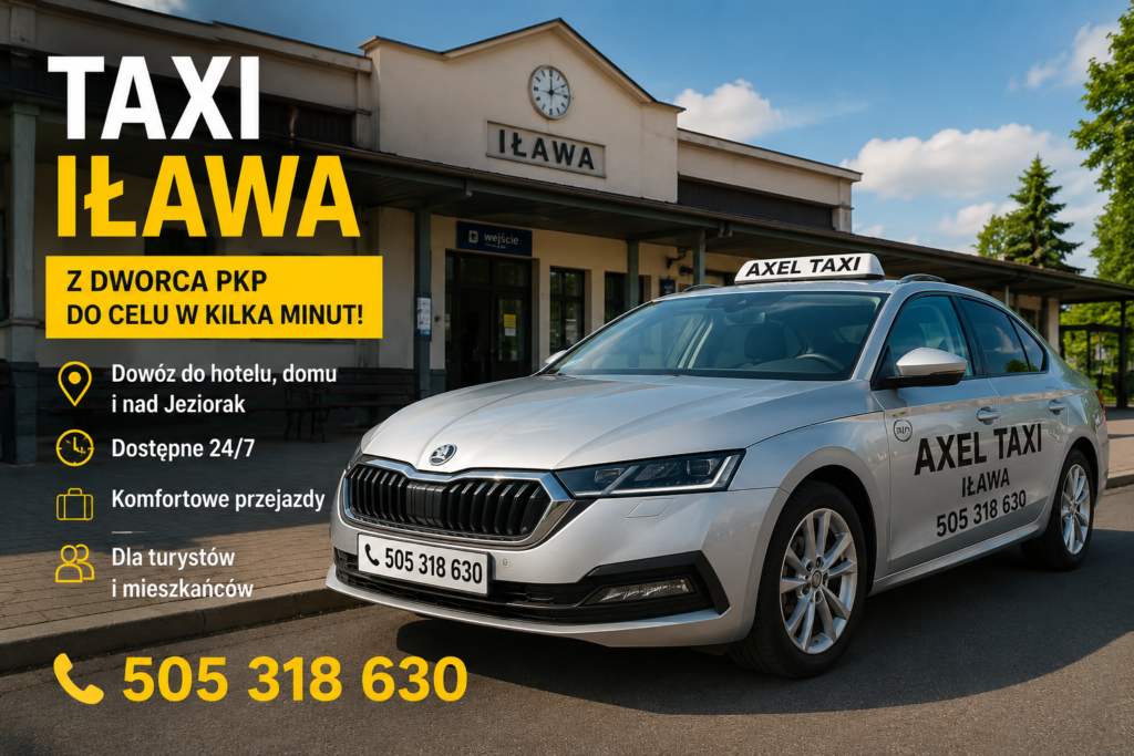 Srebrna Skoda Octavia AXEL TAXI IŁAWA przed dworcem PKP Iława z numerem telefonu 505 318 630