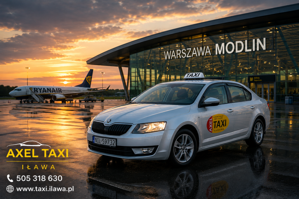 AXEL TAXI IŁAWA srebrna Skoda Octavia na lotnisku Gdańsk transfer lotniskowy taxi Iława