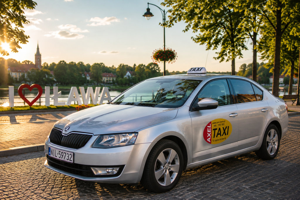 Srebrna taksówka AXEL TAXI IŁAWA zaparkowana przy jeziorze na tle napisu I ❤️ IŁAWA podczas zachodu słońca.