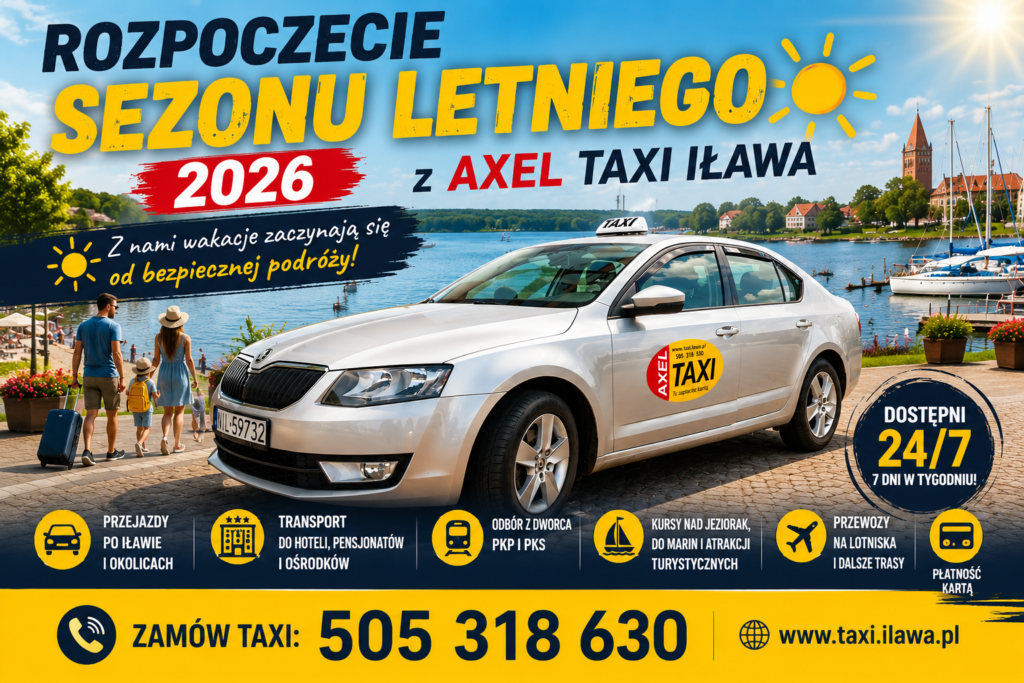 Samochód AXEL TAXI Iława zaparkowany nad Jeziorem Jeziorak podczas rozpoczęcia sezonu letniego 2026. Całodobowe usługi taxi dla mieszkańców i turystów.