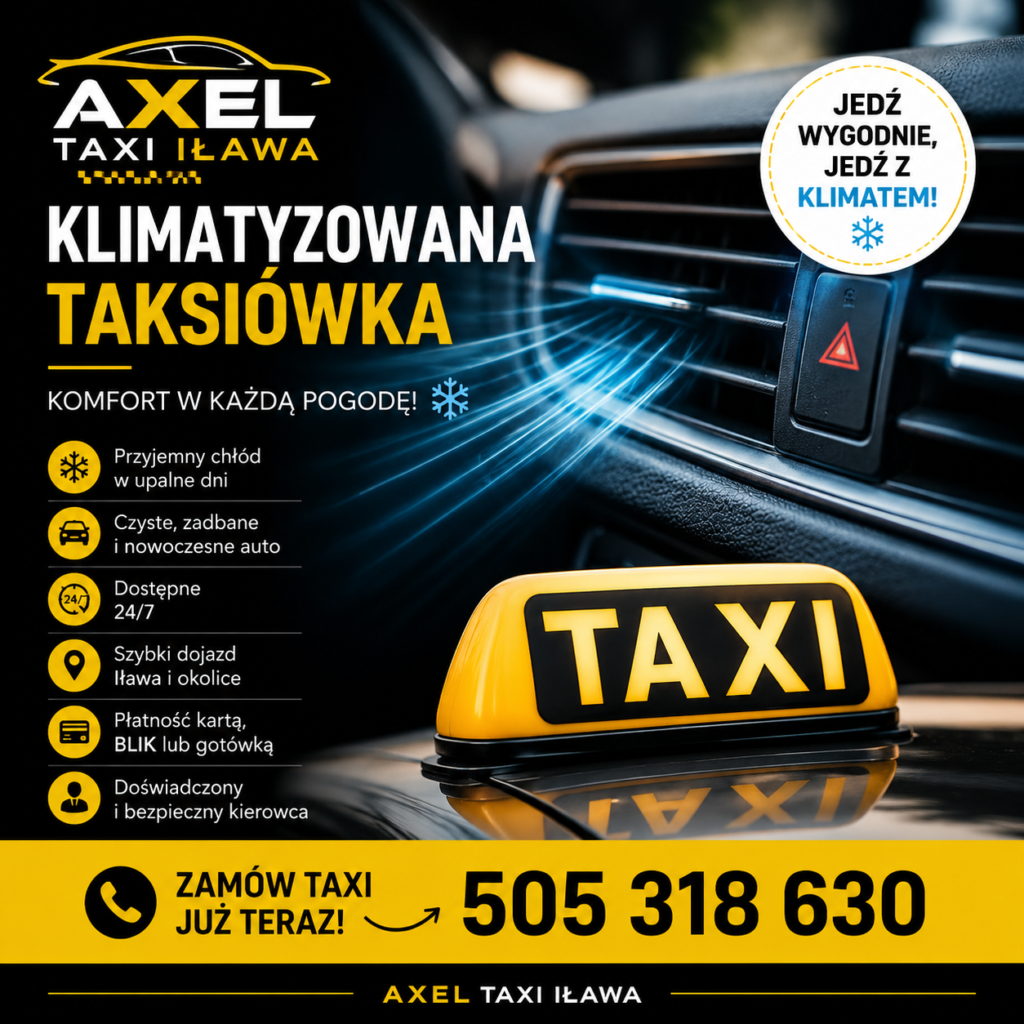 Klimatyzowana taksówka AXEL TAXI IŁAWA gotowa do komfortowego przewozu pasażerów