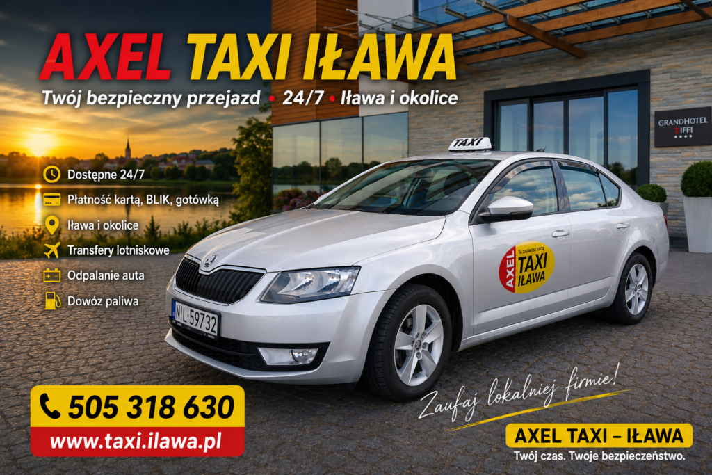 Samochód AXEL TAXI Iława zaparkowany nad Jeziorem Jeziorak podczas zachodu słońca. Taxi dostępne 24 godziny na dobę, płatność kartą, BLIK i gotówką.