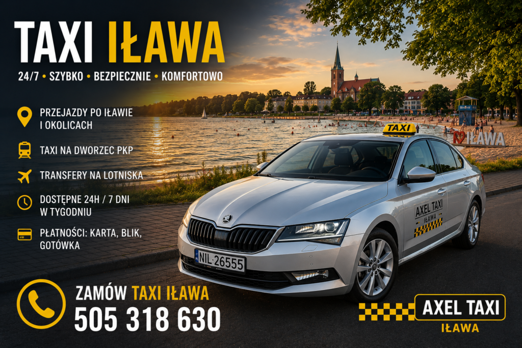 AXEL TAXI Iława – srebrna Skoda taxi przy plaży