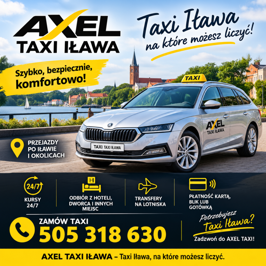 Taxi Iława – srebrna Skoda AXEL TAXI IŁAWA